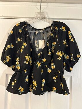 a new day Black Puff Sleeve Peplum Top with Yellow Floral Print